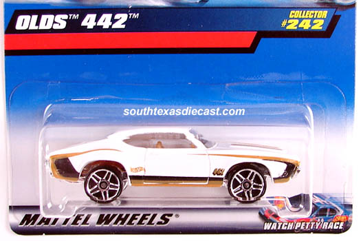 242 ~ Chrome Base 2000 Hot Wheels ~ Olds 442 ~ White ~ Collector No 